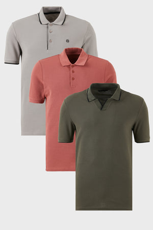 Buratti Pamuklu Regular Fit 3'lü Paket Erkek Polo Yaka T Shirt 59029641827S3 Haki-Taş-Gül