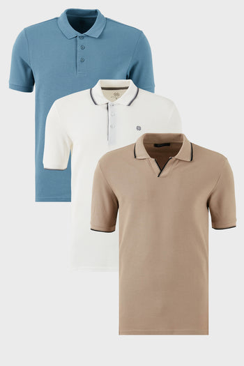 Buratti Pamuklu Regular Fit 3'lü Paket Erkek Polo Yaka T Shirt 59029641827S3 Vizon-Beyaz-Mavi