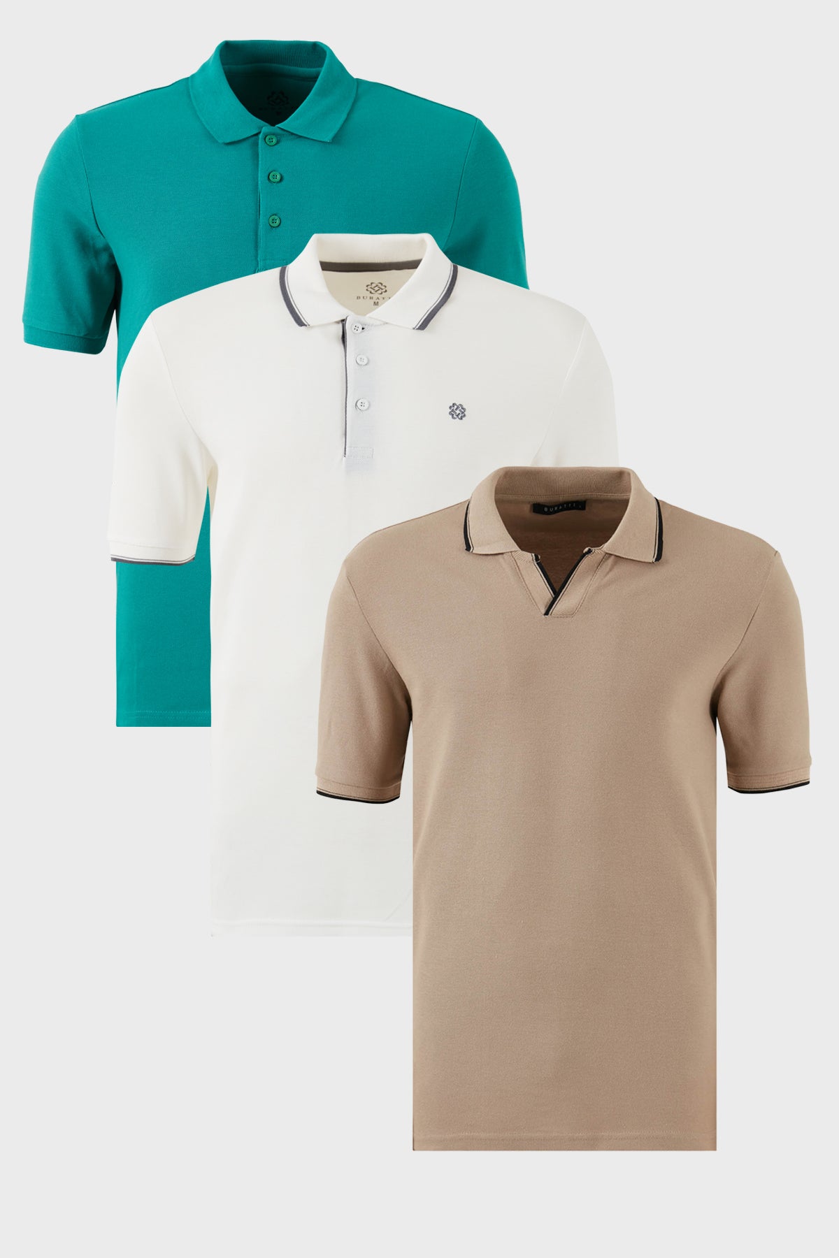 Buratti Pamuklu Regular Fit 3'lü Paket Erkek Polo Yaka T Shirt 59029641827S3 Vizon-Beyaz-Benetton