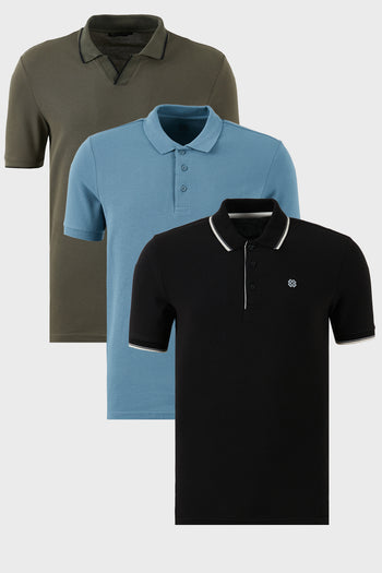 Buratti Pamuklu Regular Fit 3'lü Paket Erkek Polo Yaka T Shirt 59029641827S3 Haki-Siyah-Beyaz-Mavi