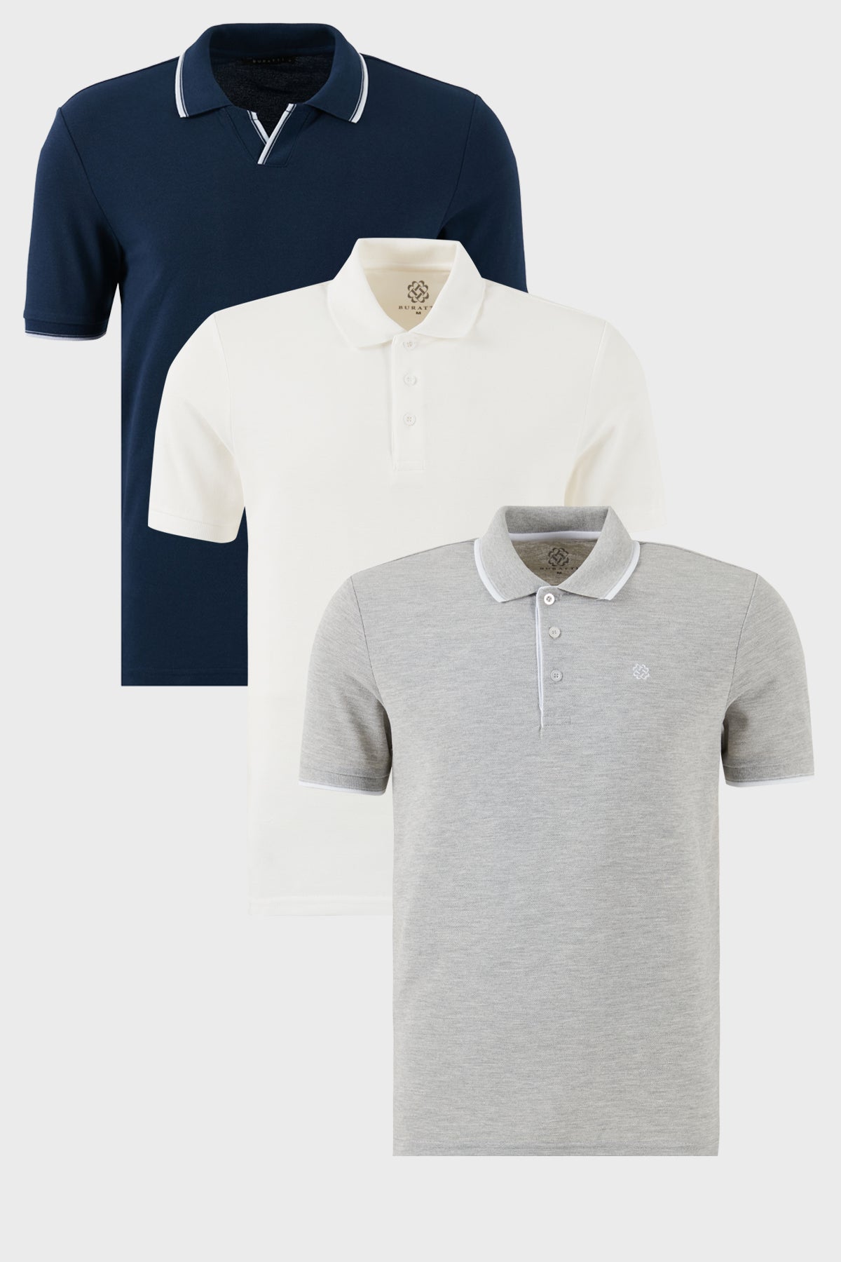 Buratti Pamuklu Regular Fit 3'lü Paket Erkek Polo Yaka T Shirt 59029641827S3 İndigo-Gri Melanj-Beyaz