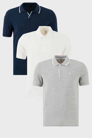Buratti Pamuklu Regular Fit 3'lü Paket Erkek Polo Yaka T Shirt 59029641827S3 İndigo-Gri Melanj-Beyaz