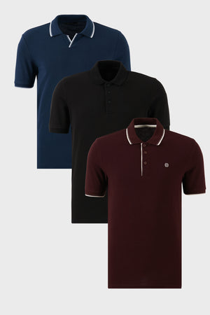 Buratti Pamuklu Regular Fit 3'lü Paket Erkek Polo Yaka T Shirt 59029641827S3 İndigo-Vişne-Beyaz-Siyah