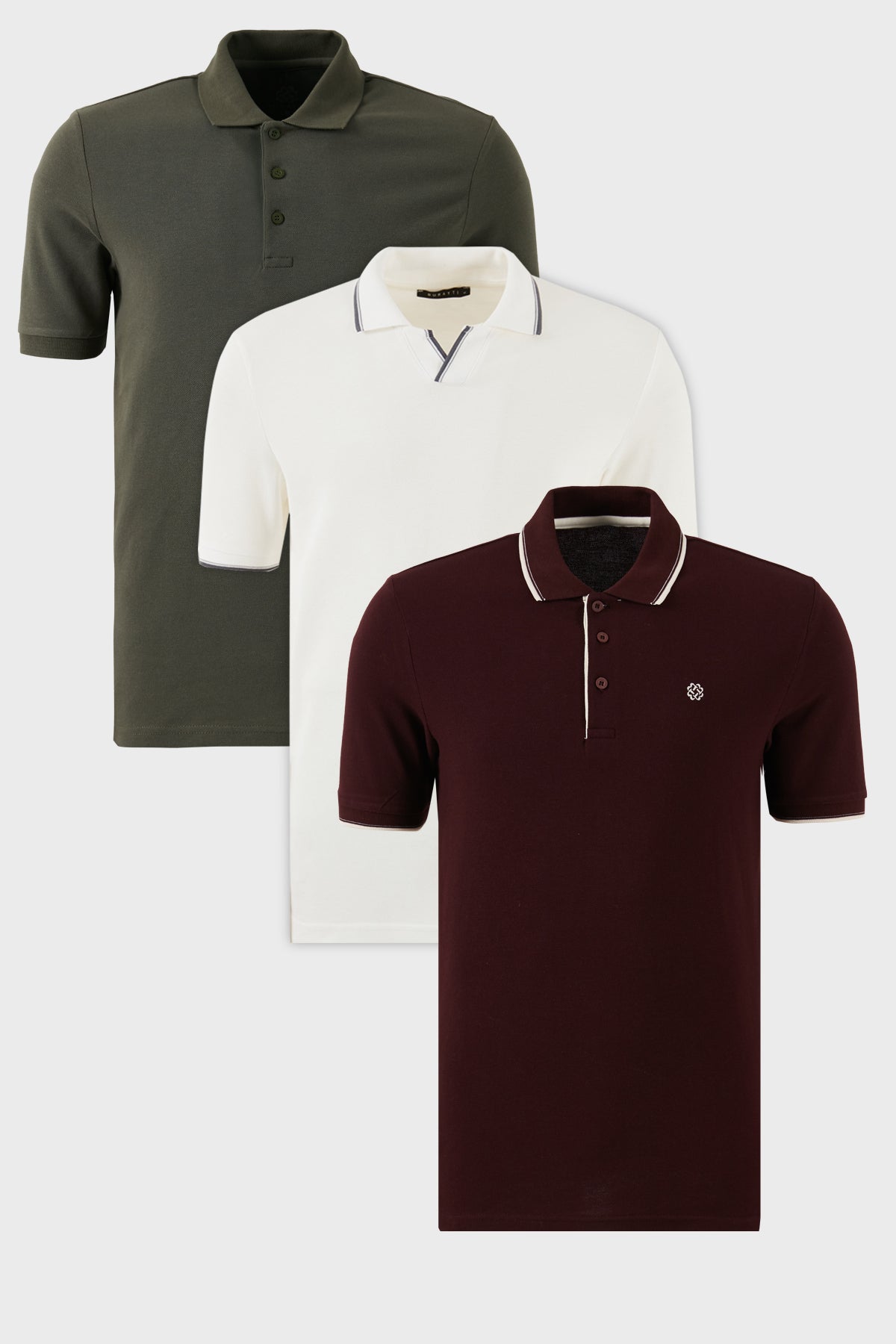 Buratti Pamuklu Regular Fit 3'lü Paket Erkek Polo Yaka T Shirt 59029641827S3 Beyaz-Vişne-Beyaz-Haki