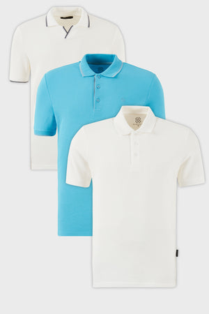 Buratti Pamuklu Regular Fit 3'lü Paket Erkek Polo Yaka T Shirt 59029641827S3 Beyaz-Aqua-Mavi-Beyaz