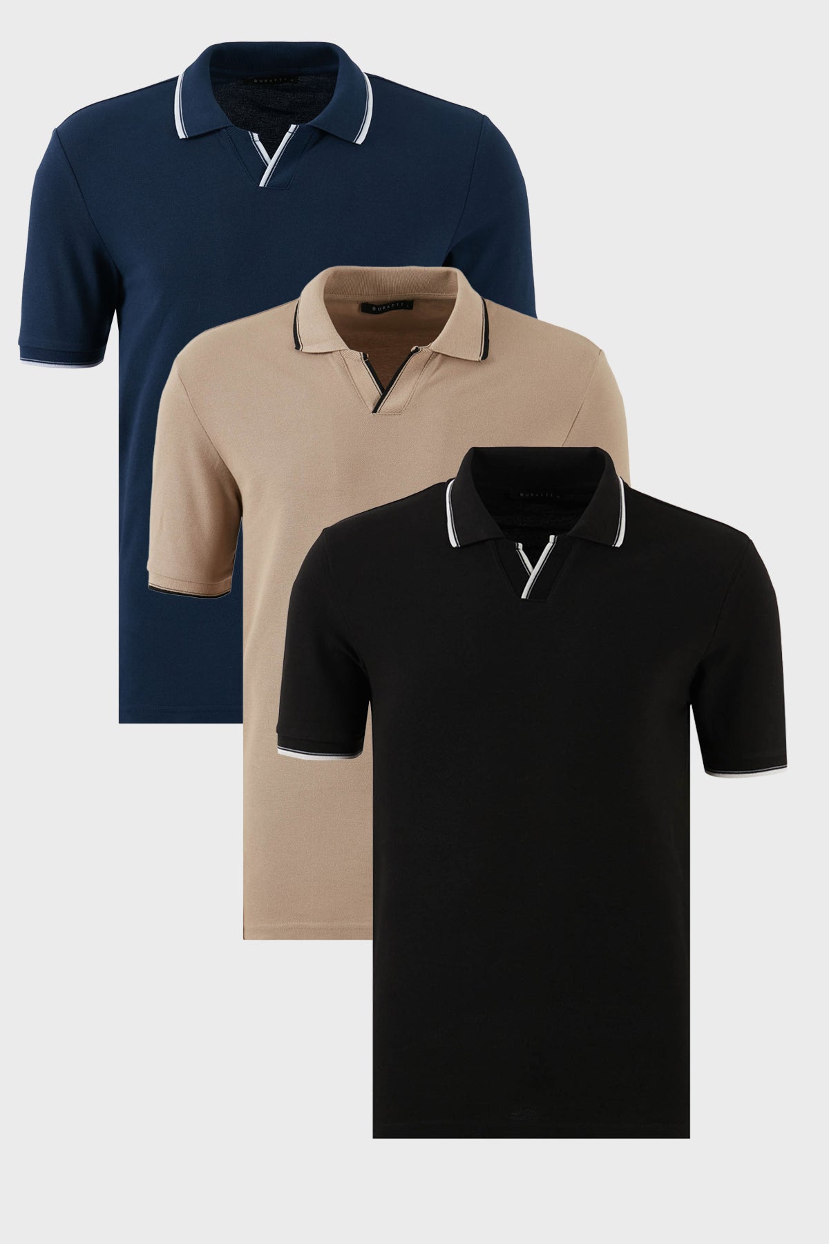 Buratti Pamuklu Regular Fit Şerit Detaylı 3'lü Paket Erkek Polo Yaka T Shirt 5902964S3 Vizon-Siyah-İndigo