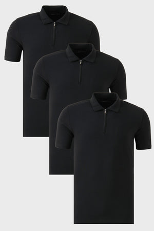 Buratti Streç Pamuklu Regular Fit Yarım Fermuarlı 3'lü Paket Erkek Polo Yaka T Shirt 5902972S3 Siyah-Siyah-Siyah
