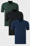 Buratti Pamuklu Regular Fit Yarım Fermuarlı 3'lü Paket Erkek Polo Yaka T Shirt 5903008S3 Siyah-İndigo-Nefti
