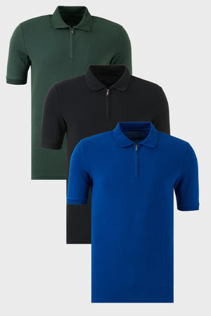 Buratti Pamuklu Regular Fit Yarım Fermuarlı 3'lü Paket Erkek Polo Yaka T Shirt 5903008S3 Siyah-Nefti-Saks