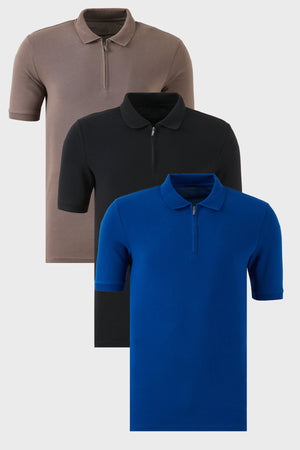 Buratti Pamuklu Regular Fit Yarım Fermuarlı 3'lü Paket Erkek Polo Yaka T Shirt 5903008S3 Siyah-Saks-Toprak