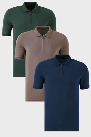 Buratti Pamuklu Regular Fit Yarım Fermuarlı 3'lü Paket Erkek Polo Yaka T Shirt 5903008S3 İndigo-Nefti-Toprak