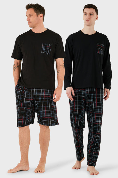 Buratti Pamuklu Regular Fit Kareli 2'li Paket Erkek Pijama Takımı 657200120S2 Siyah-Füme-Siyah