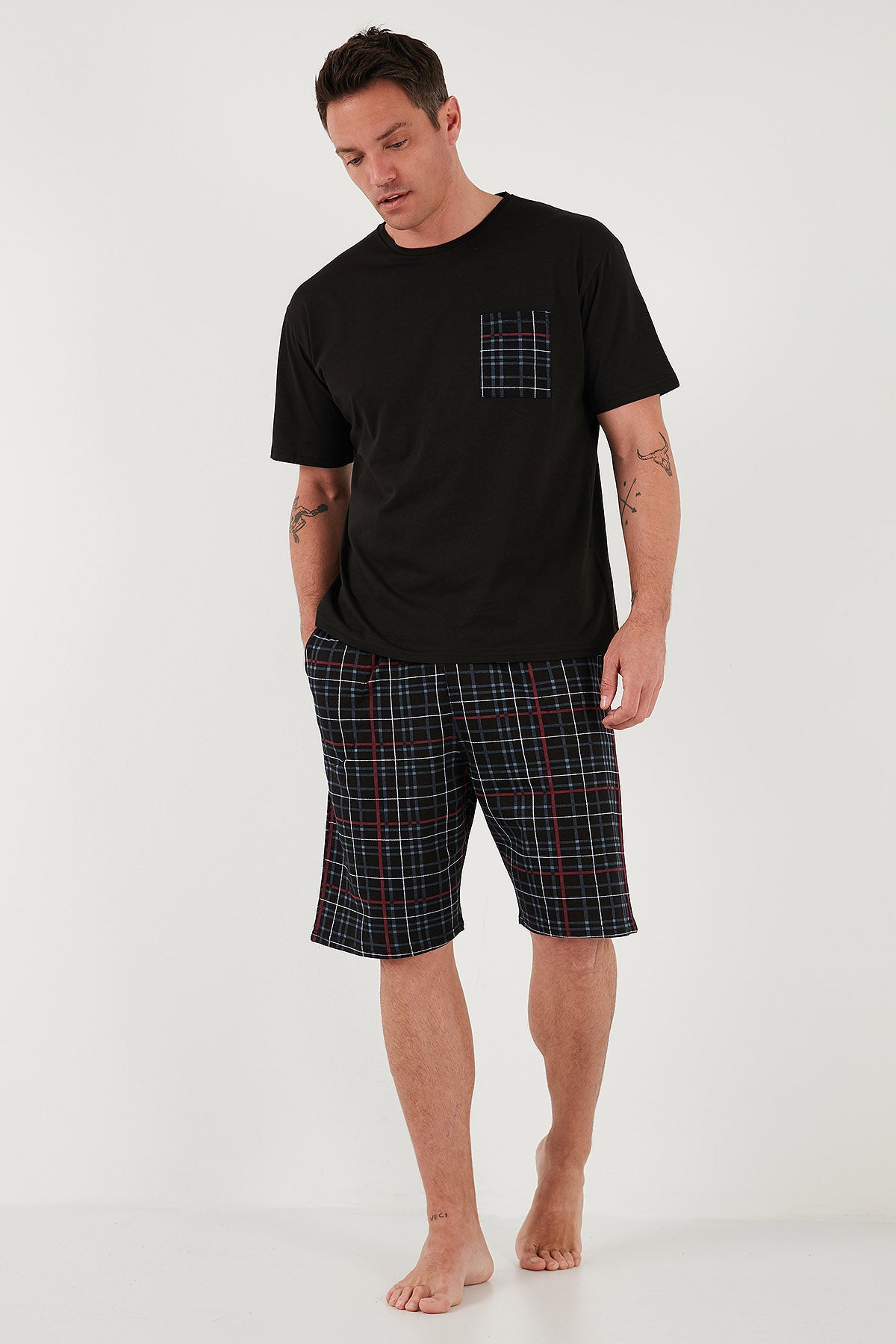 Buratti Pamuklu Regular Fit Kareli 2'li Paket Erkek Pijama Takımı 657200120S2 Siyah-Füme-Siyah