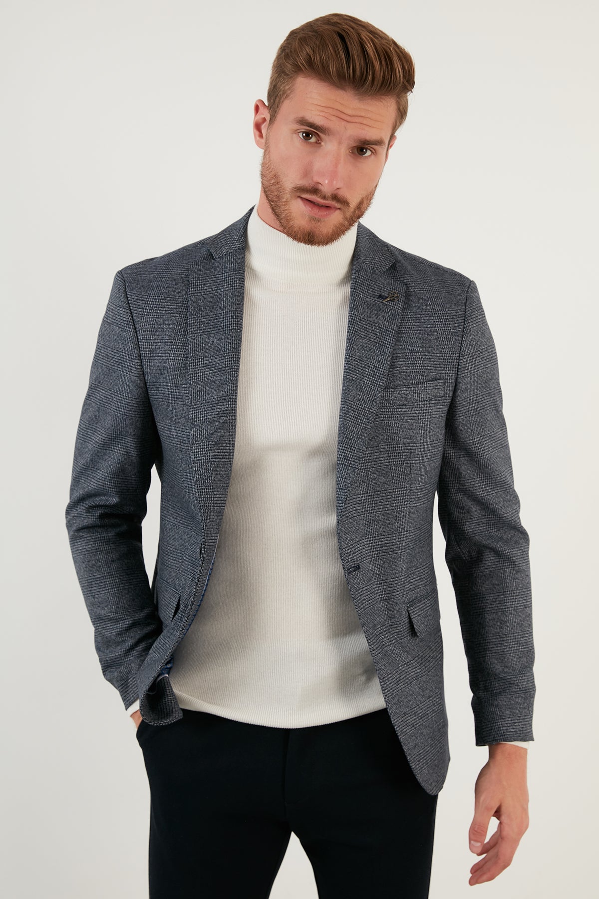 Buratti Ekose Desenli Slim Fit Tek Yırtmaçlı Blazer Erkek Ceket 2163781 LACİVERT