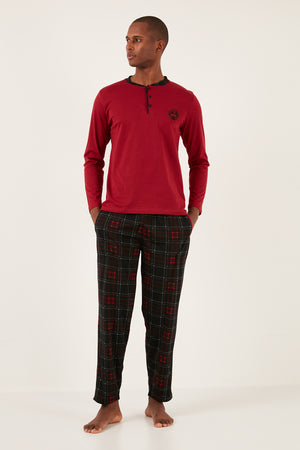 Buratti Kareli Pamuklu Regular Fit Uzun Kollu Erkek Pijama Takımı 60961003 BORDO