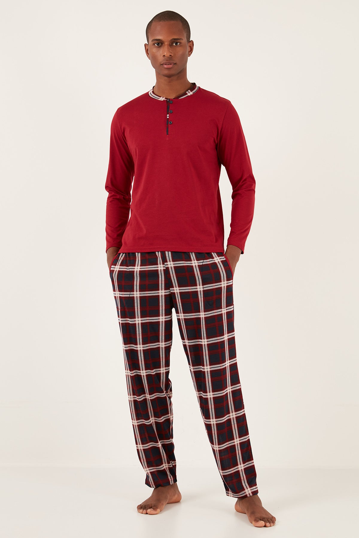 Buratti Ekoseli Pamuklu Regular Fit Uzun Kollu Erkek Pijama Takımı 60961005 BORDO