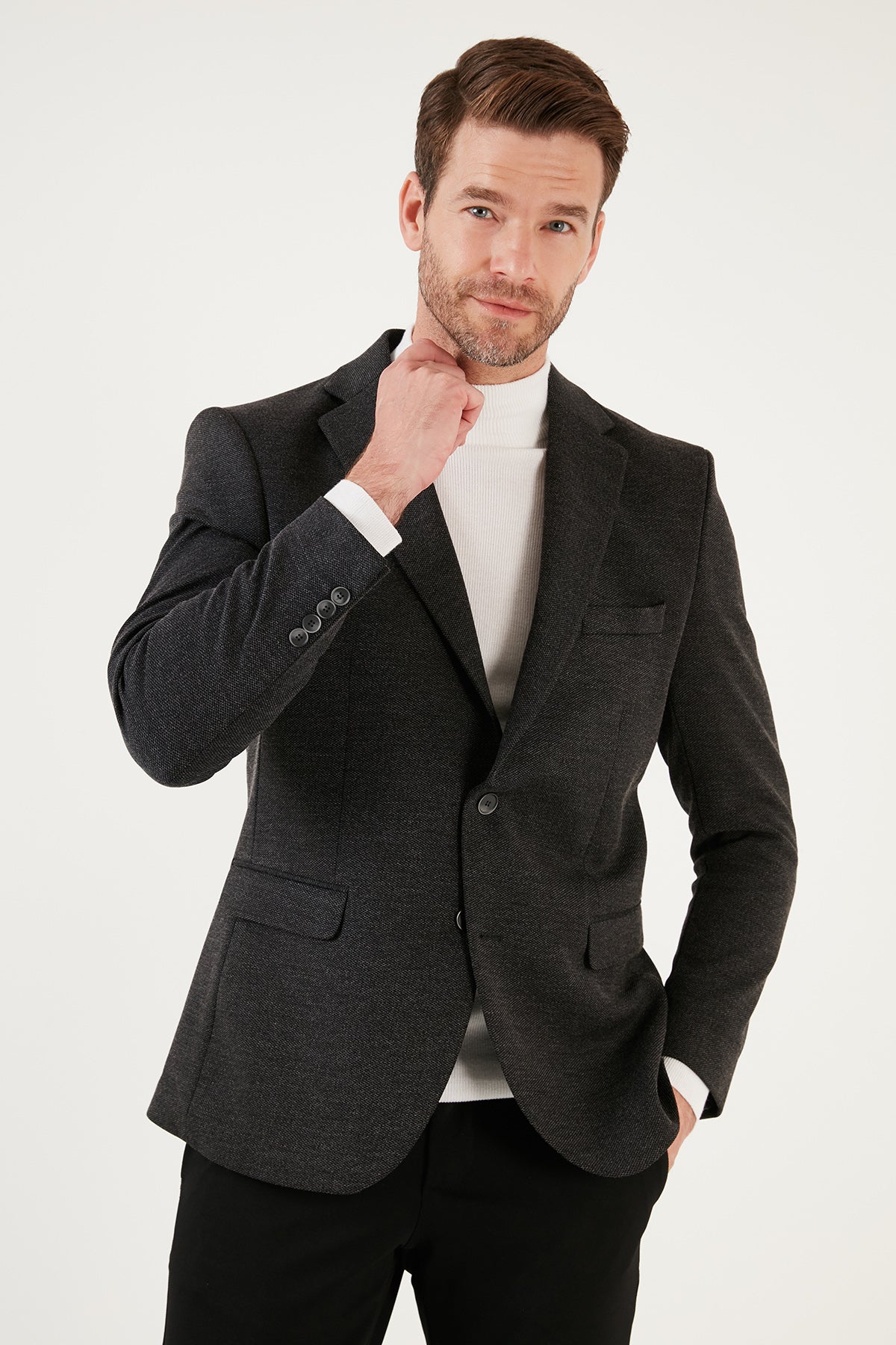 Buratti 6 Drop Çift Yırtmaçlı Kırçıllı Slim Fit Blazer Erkek Ceket 6601040 SİYAH