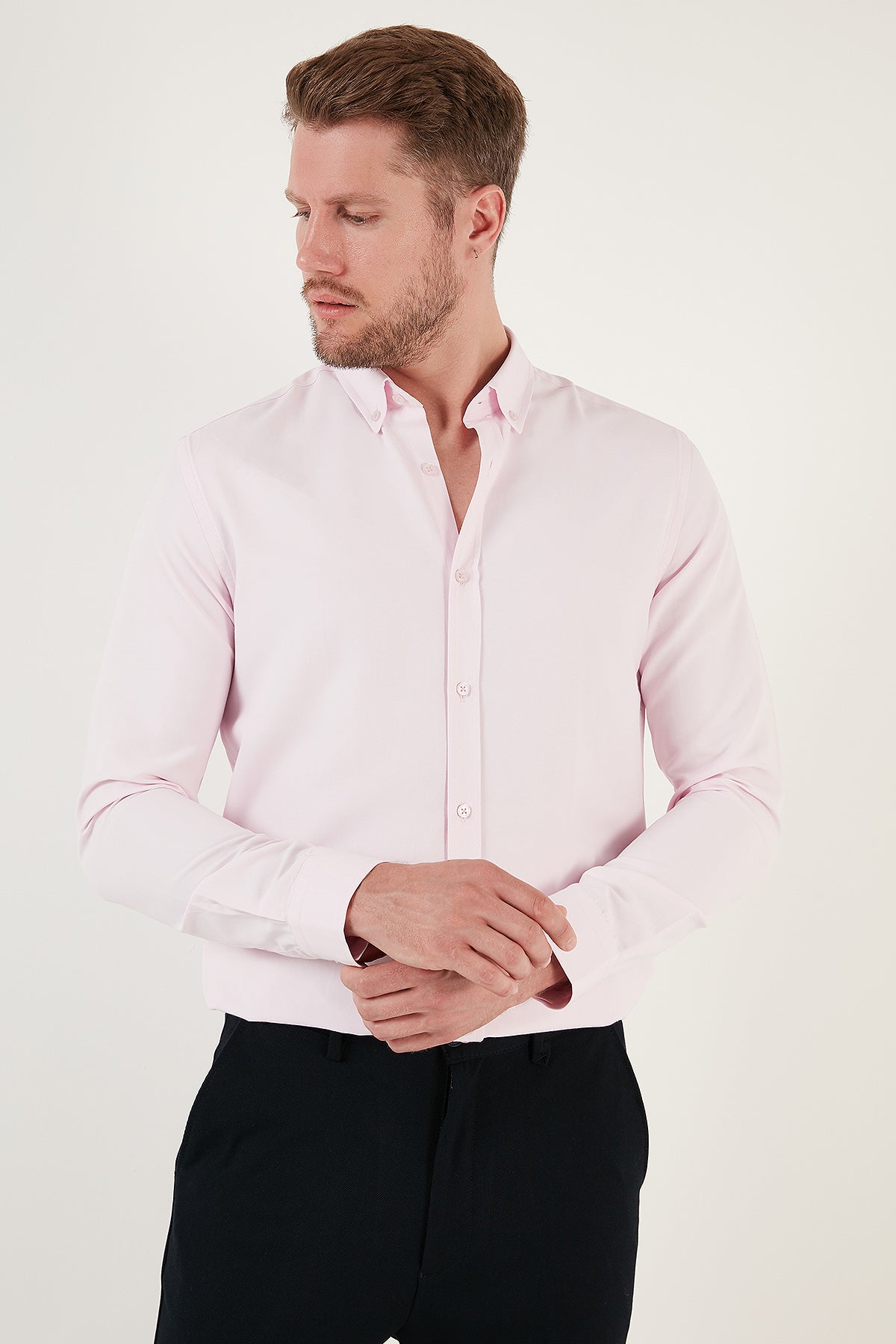 Buratti Pamuk Karışımlı Uzun Kollu Düğmeli Yaka Slim Fit Erkek Gömlek CF23S7498 PEMBE