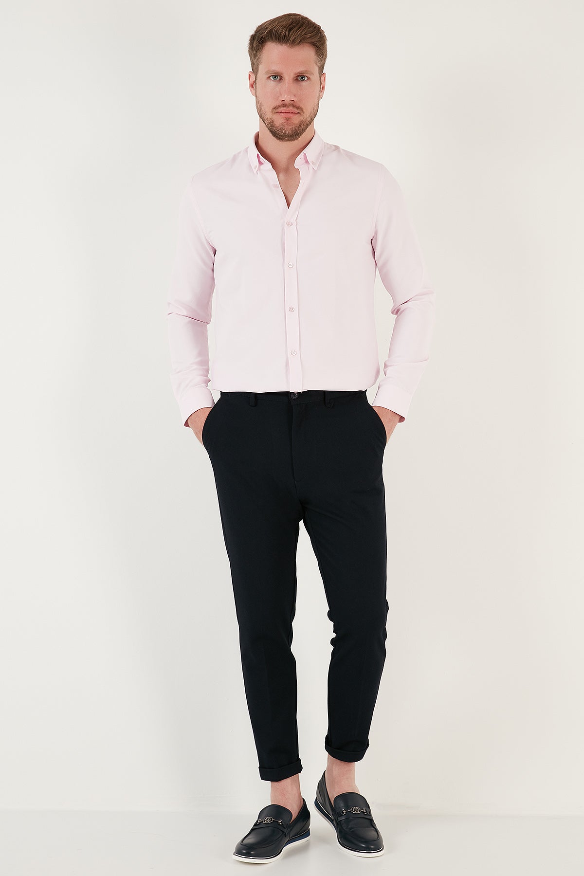 Buratti Pamuk Karışımlı Uzun Kollu Düğmeli Yaka Slim Fit Erkek Gömlek CF23S7498 PEMBE