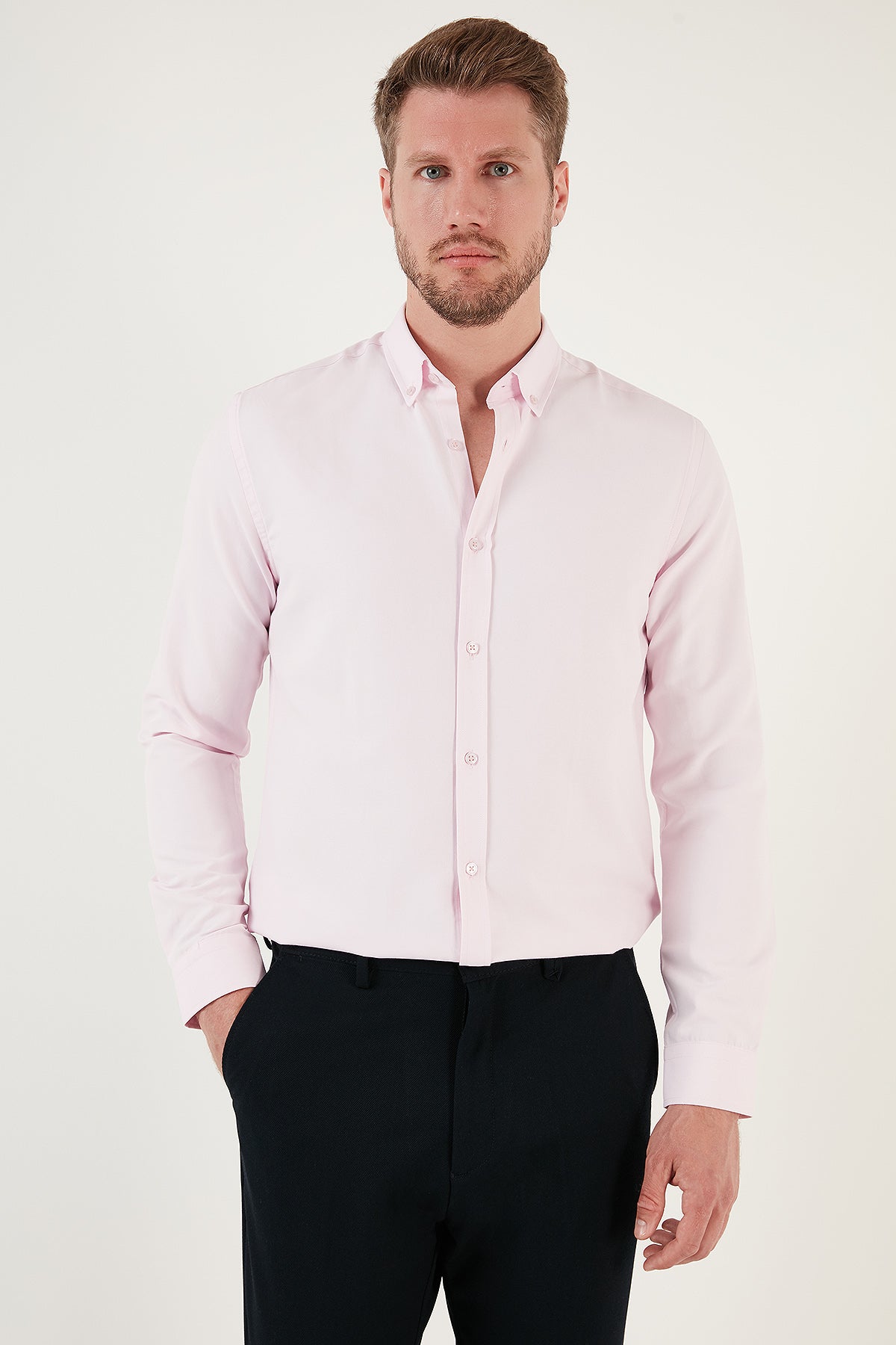 Buratti Pamuk Karışımlı Uzun Kollu Düğmeli Yaka Slim Fit Erkek Gömlek CF23S7498 PEMBE