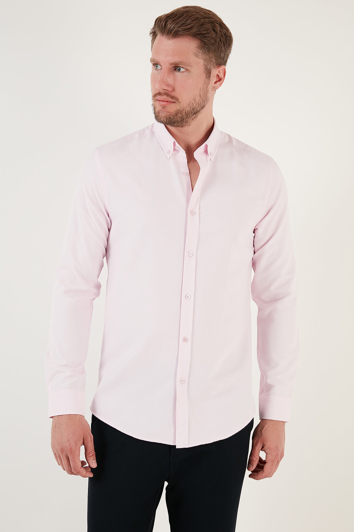 Buratti Pamuk Karışımlı Uzun Kollu Düğmeli Yaka Slim Fit Erkek Gömlek CF23S7498 PEMBE