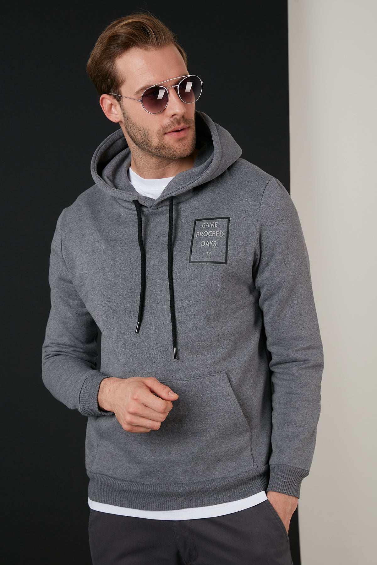 Buratti Slim Fit Baskılı Kapüşonlu Kanguru Cepli Pamuklu Erkek Sweat 5414015 KOYU GRİ