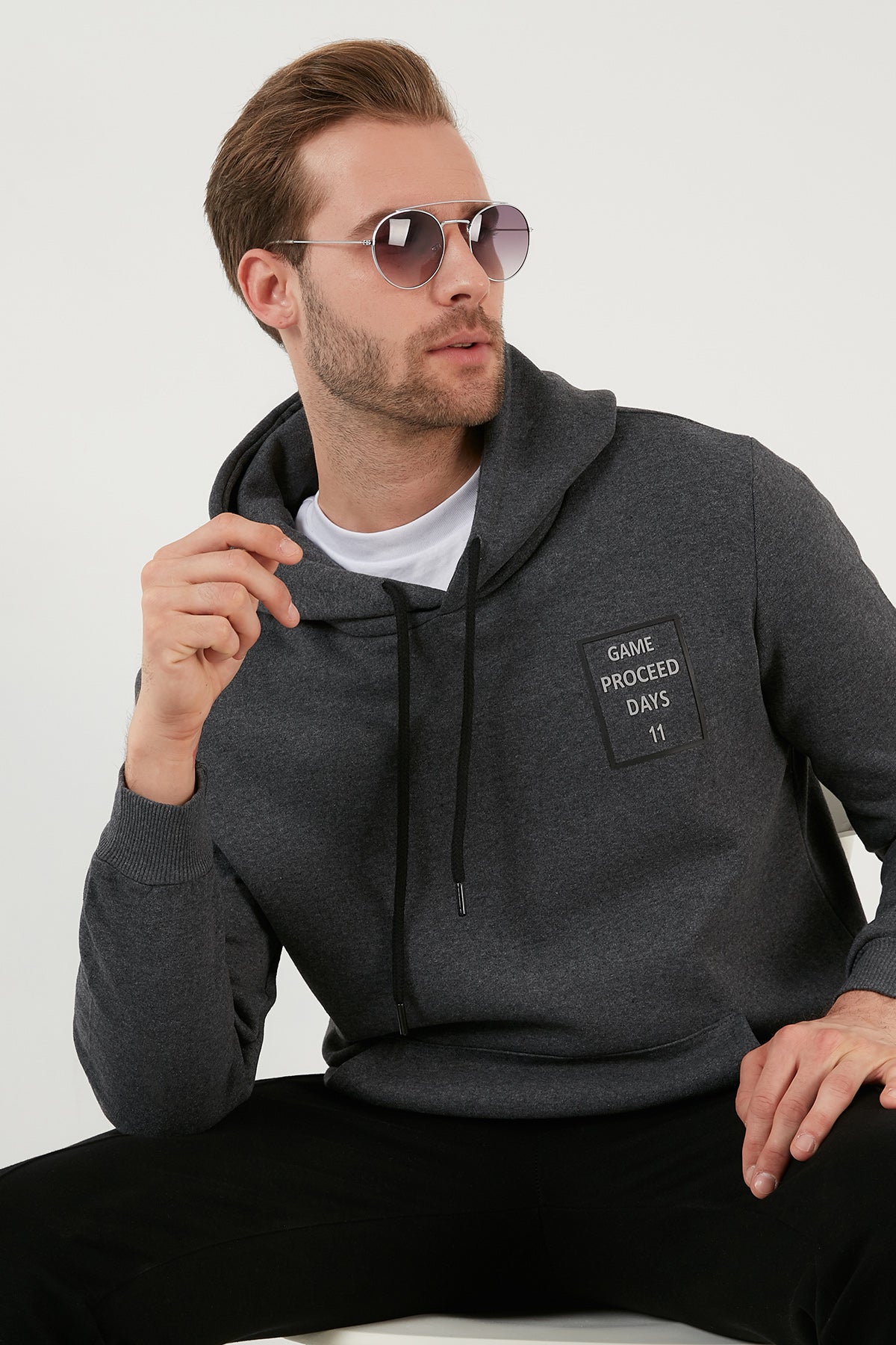 Buratti Slim Fit Baskılı Kapüşonlu Kanguru Cepli Pamuklu Erkek Sweat 5414015 FÜME