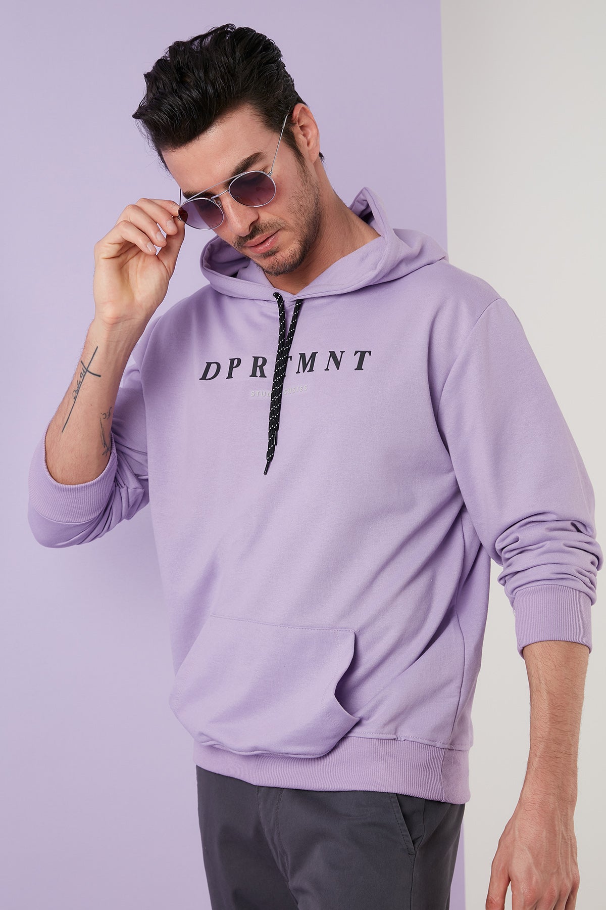 Buratti Slim Fit Baskılı Kapüşonlu Kanguru Cepli Pamuklu Erkek Sweat 5414017 LİLA