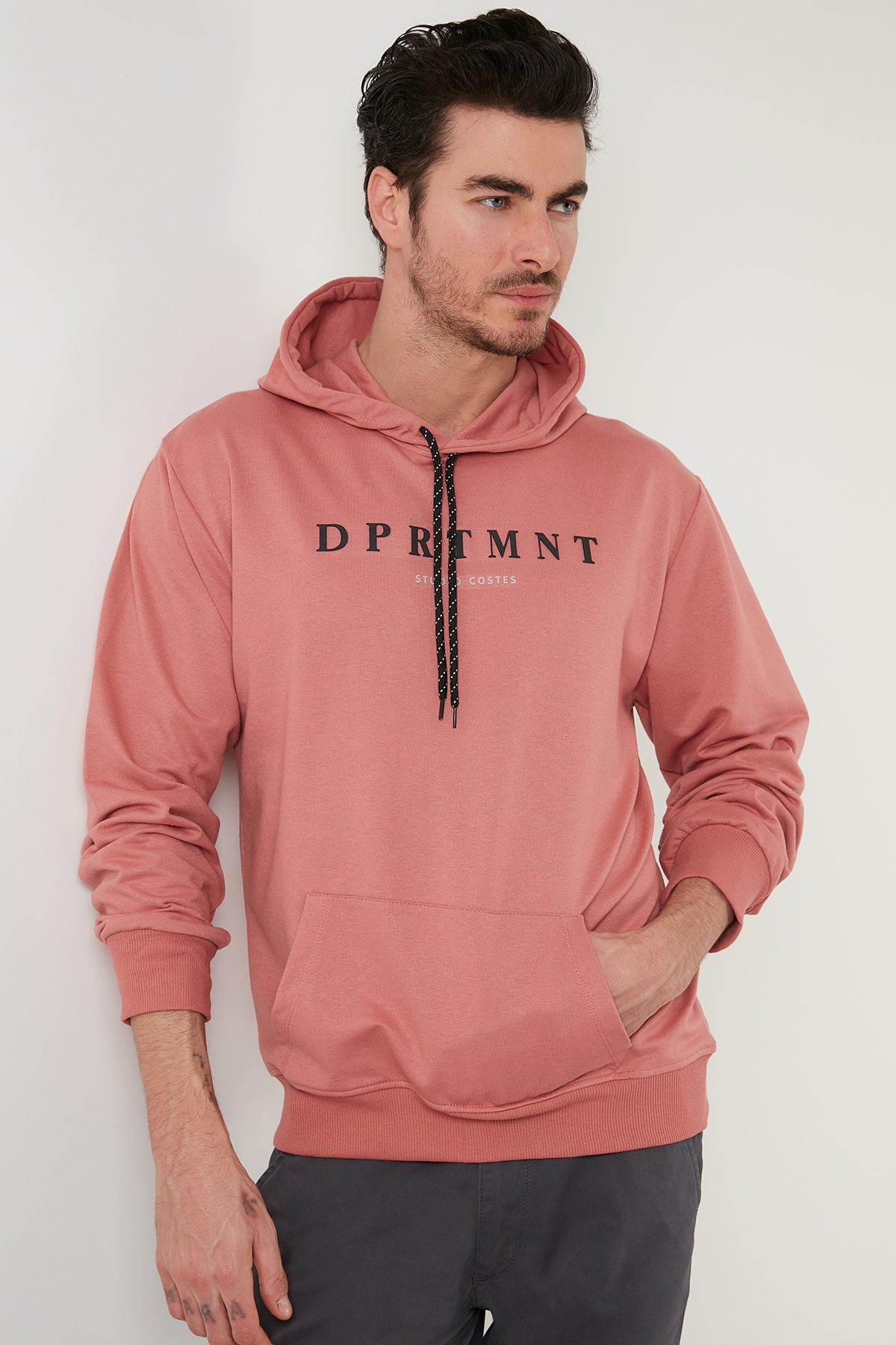 Buratti Slim Fit Baskılı Kapüşonlu Kanguru Cepli Pamuklu Erkek Sweat 5414017 GÜL