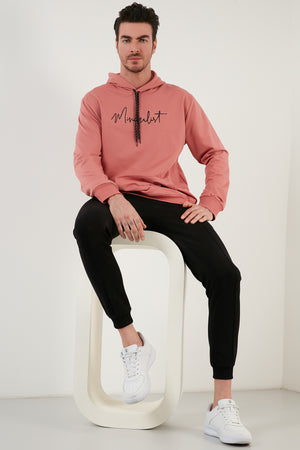 Buratti Slim Fit Baskılı Kapüşonlu Kanguru Cepli Pamuklu Erkek Sweat 5414019 GÜL