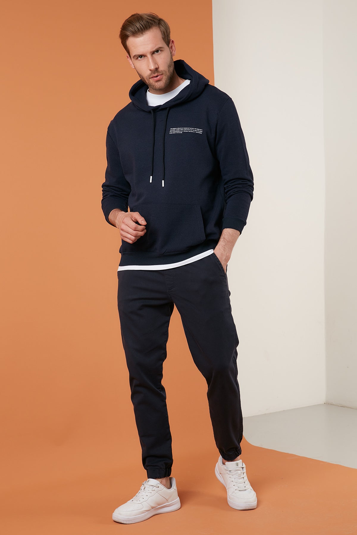 Buratti Baskılı Kapüşonlu Kanguru Cepli Slim Fit Erkek Sweat 568R706 LACİVERT