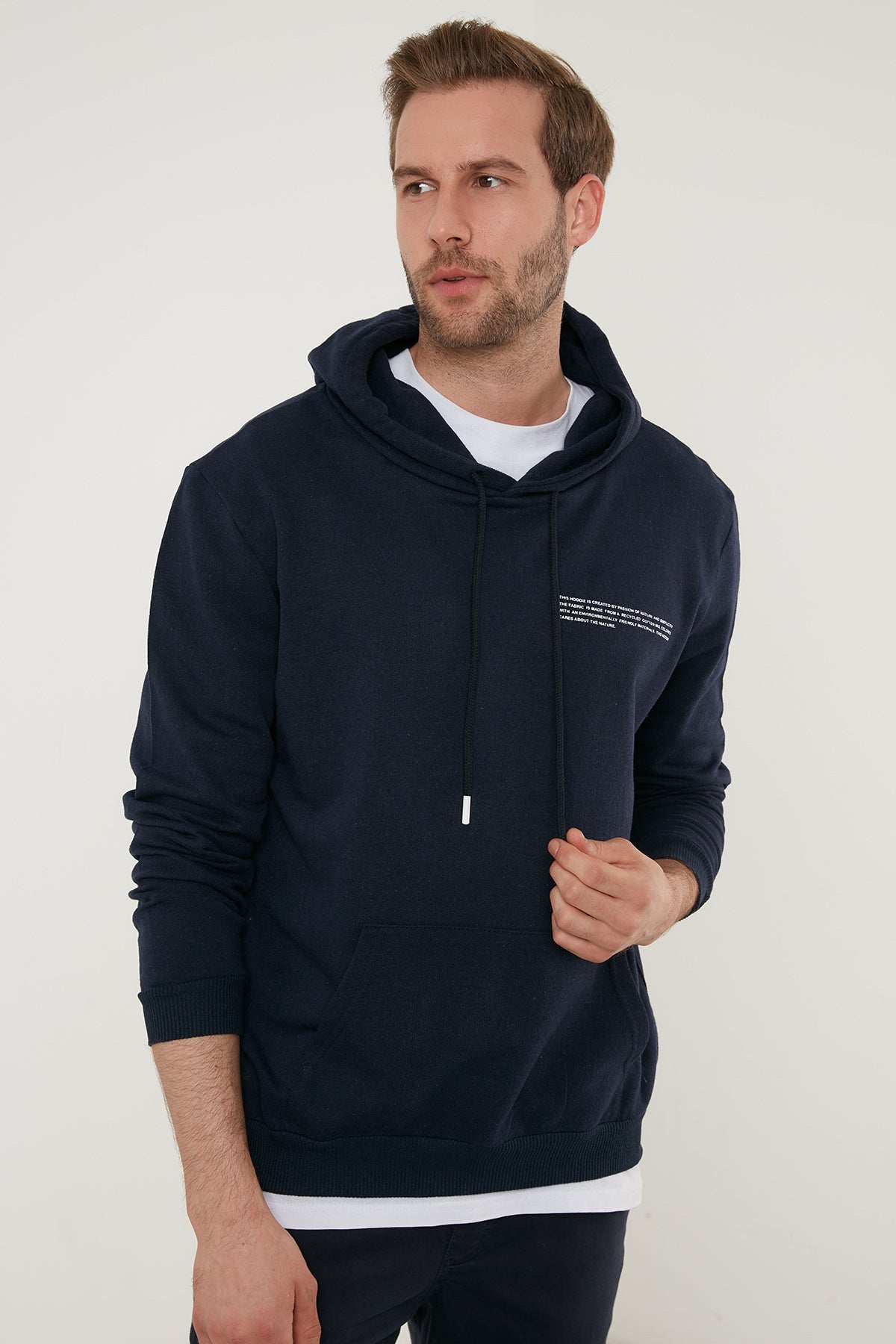 Buratti Baskılı Kapüşonlu Kanguru Cepli Slim Fit Erkek Sweat 568R706 LACİVERT