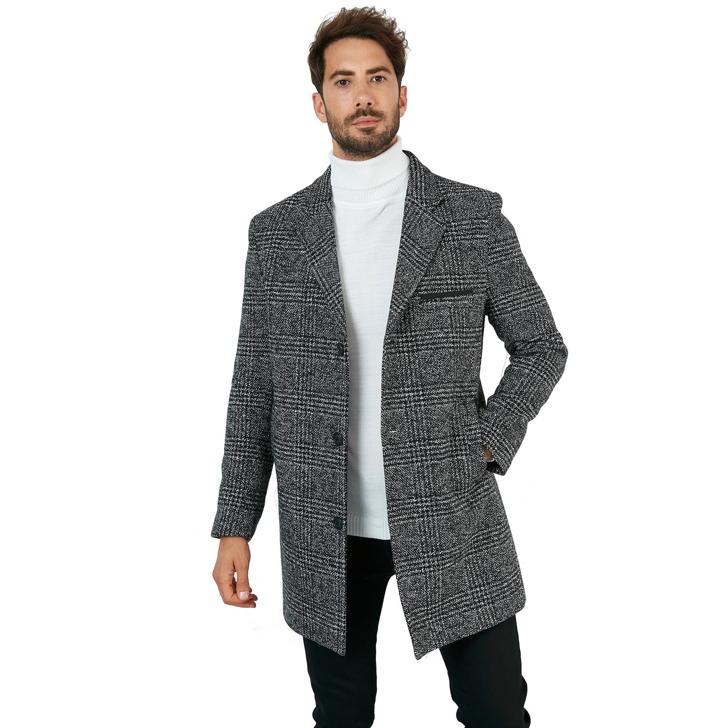 Buratti Slim Fit Tek Yırtmaçlı Düğmeli Mono Yaka Kaşe Erkek Kaban 5840098 Siyah Ekoseli