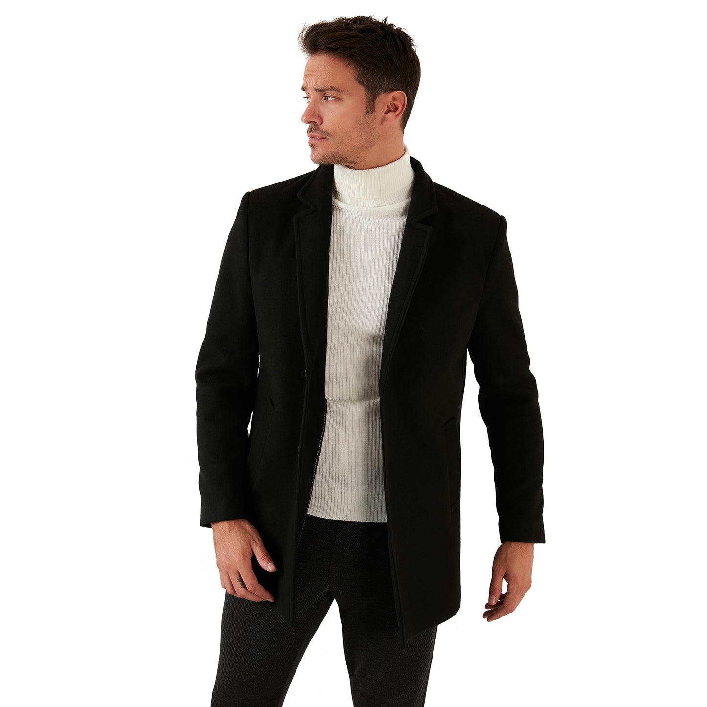 Buratti Slim Fit Tek Yırtmaçlı Düğmeli Dik Yaka Kaşe Erkek Kaban 5840110 SİYAH