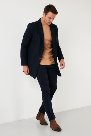 Buratti Slim Fit Tek Yırtmaçlı Düğmeli Dik Yaka Kaşe Erkek Kaban 5840110 LACİVERT