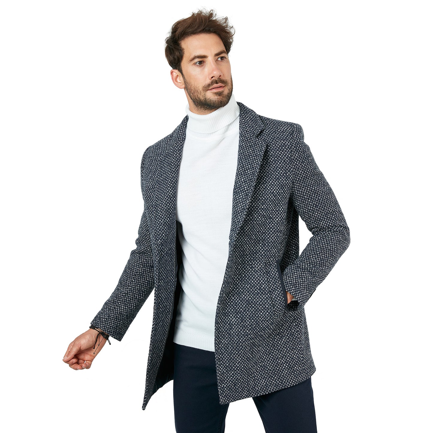 Buratti Slim Fit Tek Yırtmaçlı Düğmeli Dik Yaka Kaşe Erkek Kaban 5840110 Lacivert Noktalı