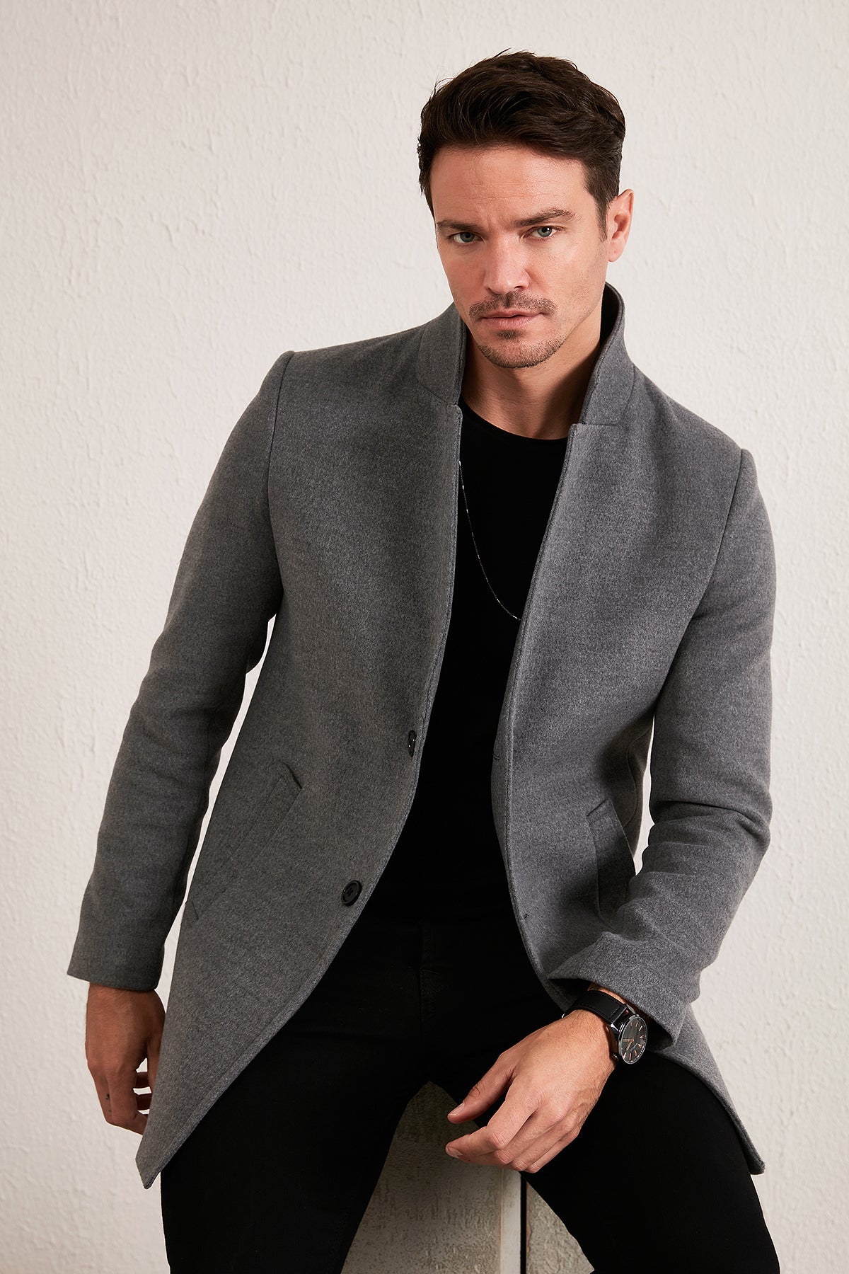 Buratti Slim Fit Tek Yırtmaçlı Düğmeli Dik Yaka Kaşe Erkek Kaban 5840110 AÇIK GRİ