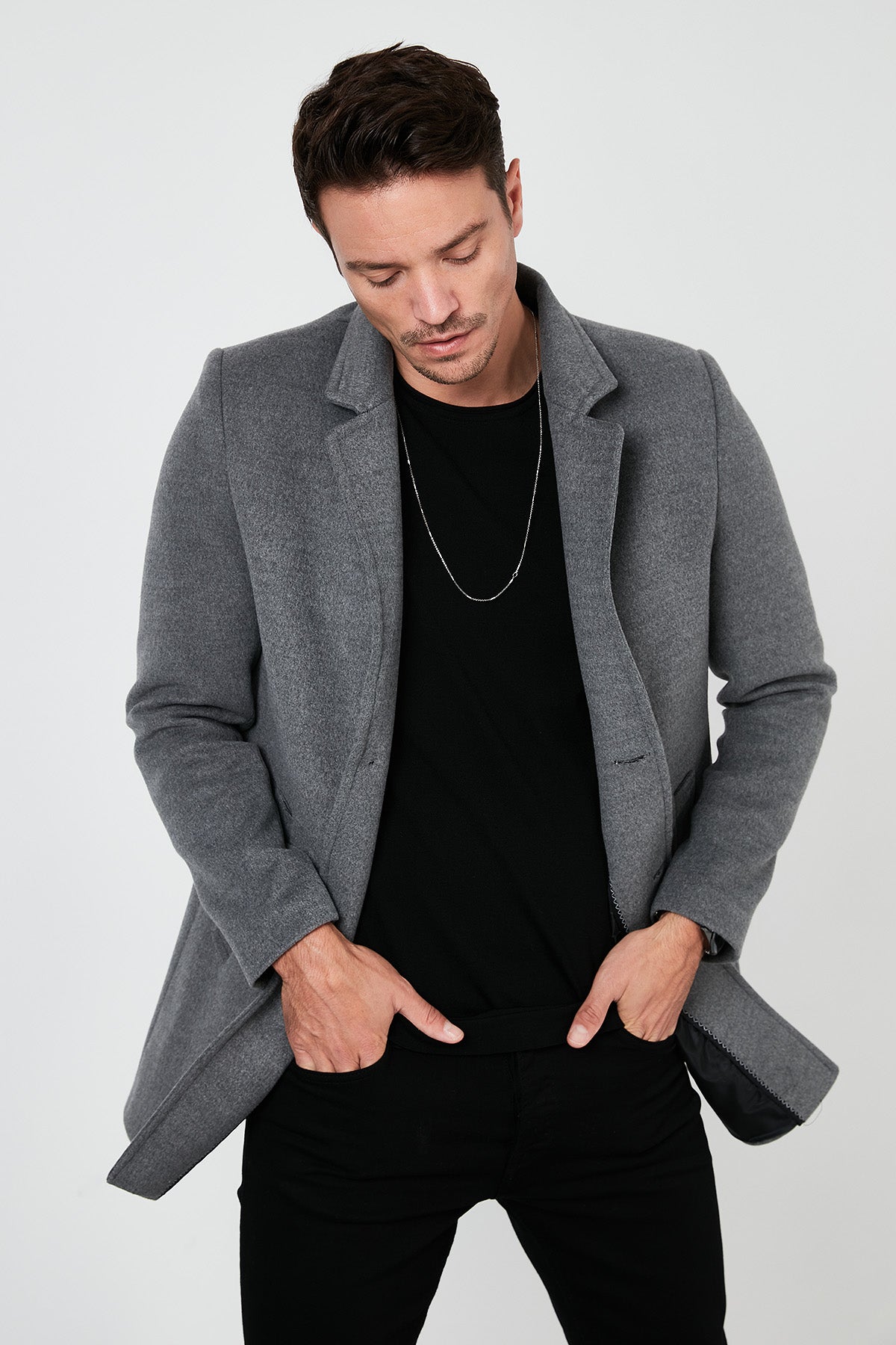 Buratti Slim Fit Tek Yırtmaçlı Düğmeli Dik Yaka Kaşe Erkek Kaban 5840110 AÇIK GRİ