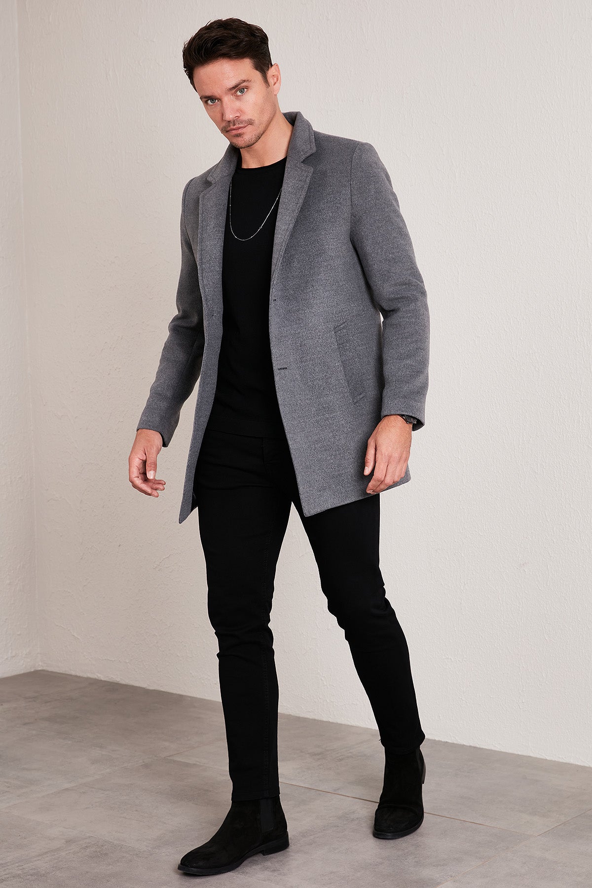 Buratti Slim Fit Tek Yırtmaçlı Düğmeli Dik Yaka Kaşe Erkek Kaban 5840110 AÇIK GRİ