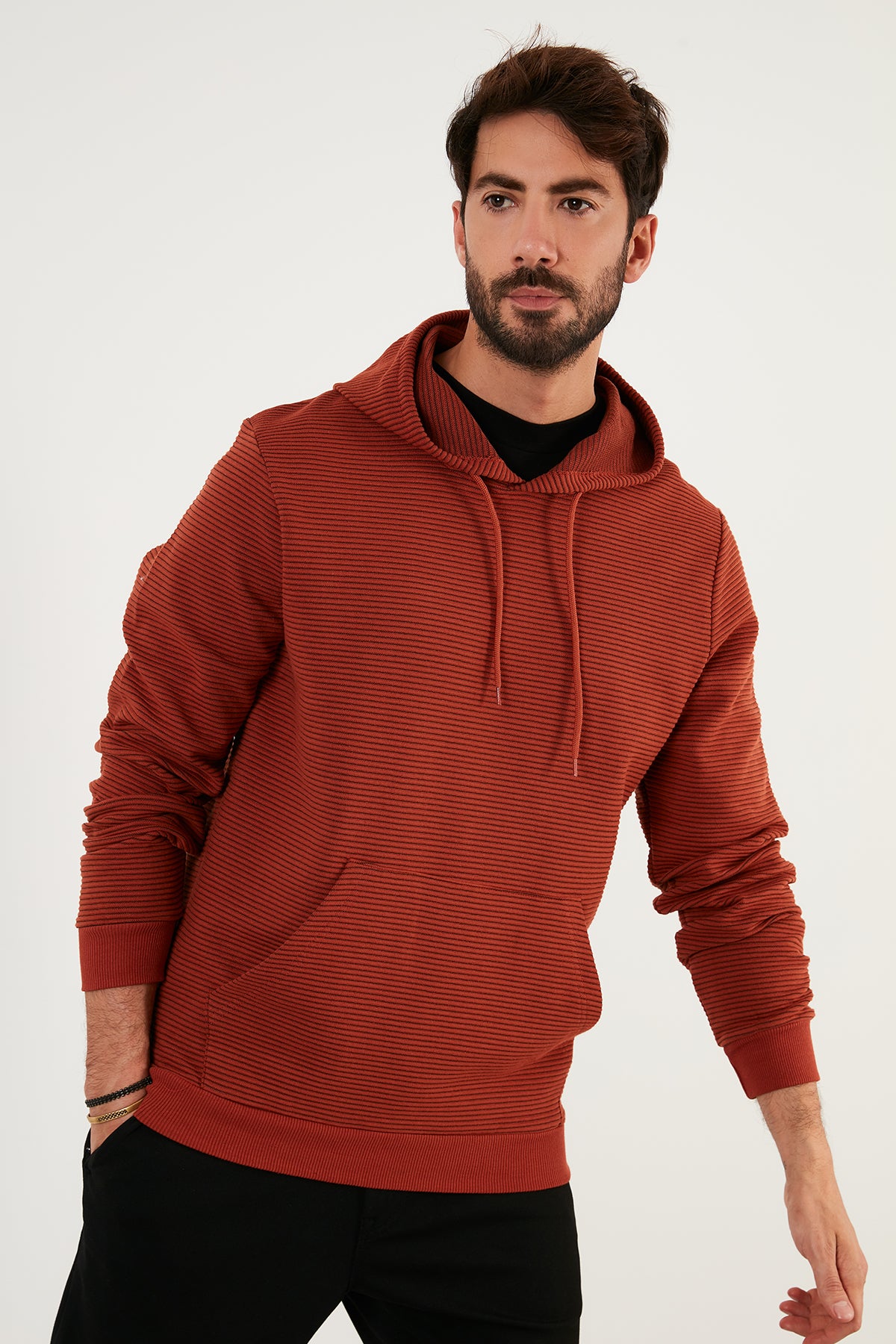 Buratti Pamuklu Kapüşonlu Kanguru Cepli Slim Fit Erkek Sweat 5896598 KİREMİT