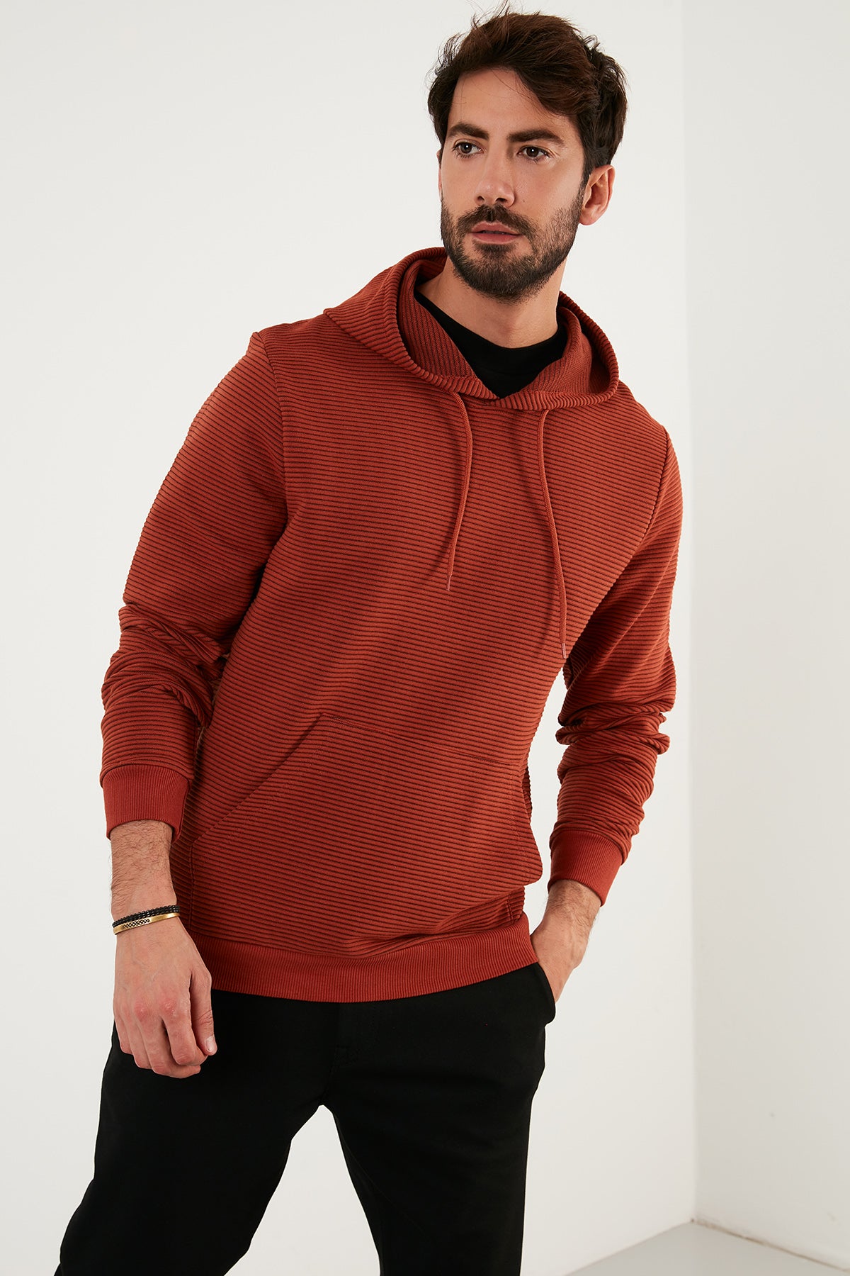 Buratti Pamuklu Kapüşonlu Kanguru Cepli Slim Fit Erkek Sweat 5896598 KİREMİT