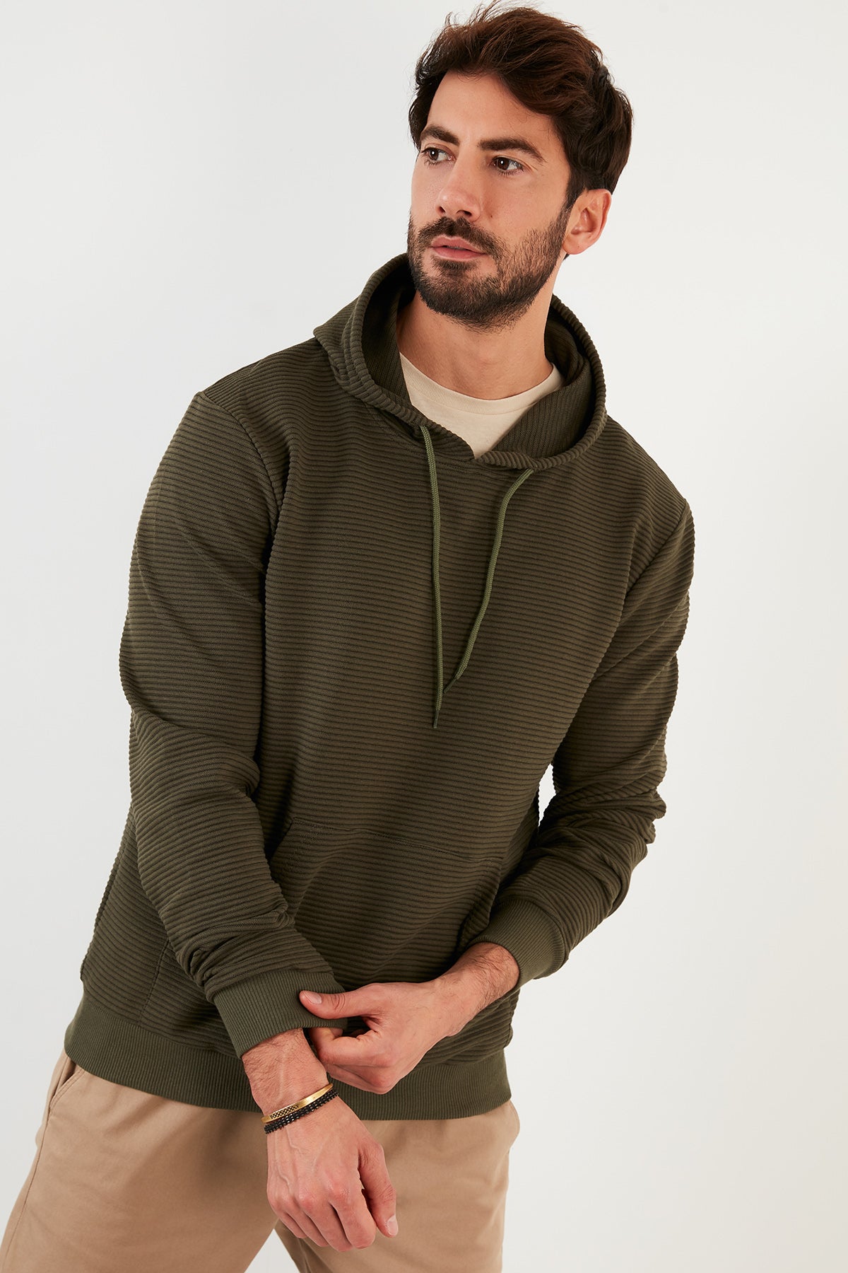 Buratti Pamuklu Kapüşonlu Kanguru Cepli Slim Fit Erkek Sweat 5896598 HAKİ