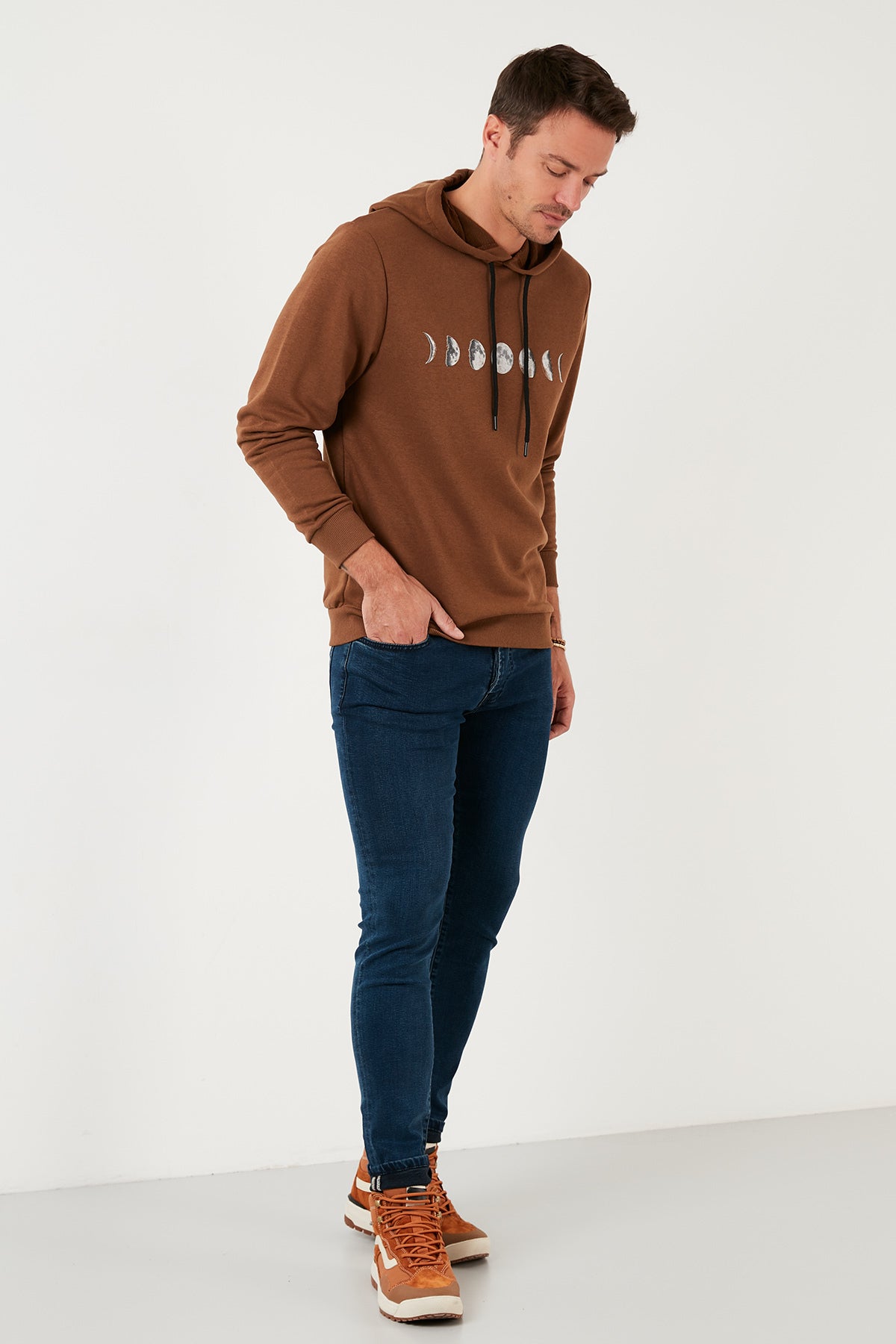 Buratti Pamuklu Baskılı Kapüşonlu Slim Fit Erkek Sweat 5905238 TABA