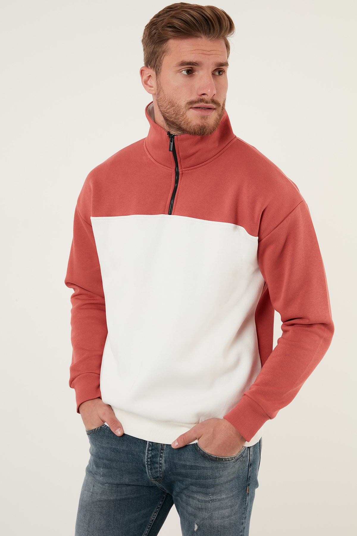 Buratti Regular Fit Fermuarlı Dik Yaka İçi Tüylü Yumuşak Şardonlu Kışlık Erkek Sweat 5905343 KİREMİT