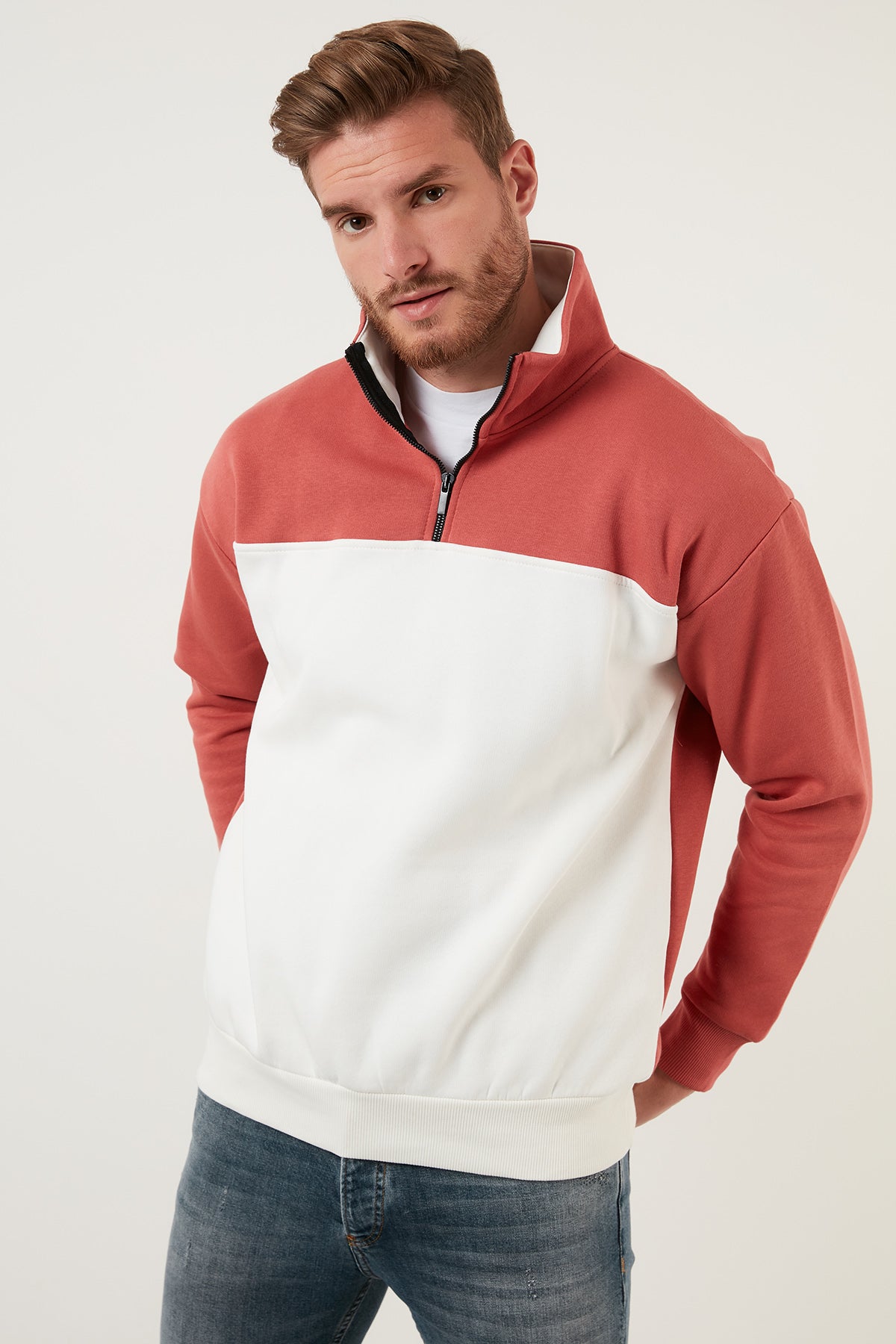 Buratti Regular Fit Fermuarlı Dik Yaka İçi Tüylü Yumuşak Şardonlu Kışlık Erkek Sweat 5905343 KİREMİT