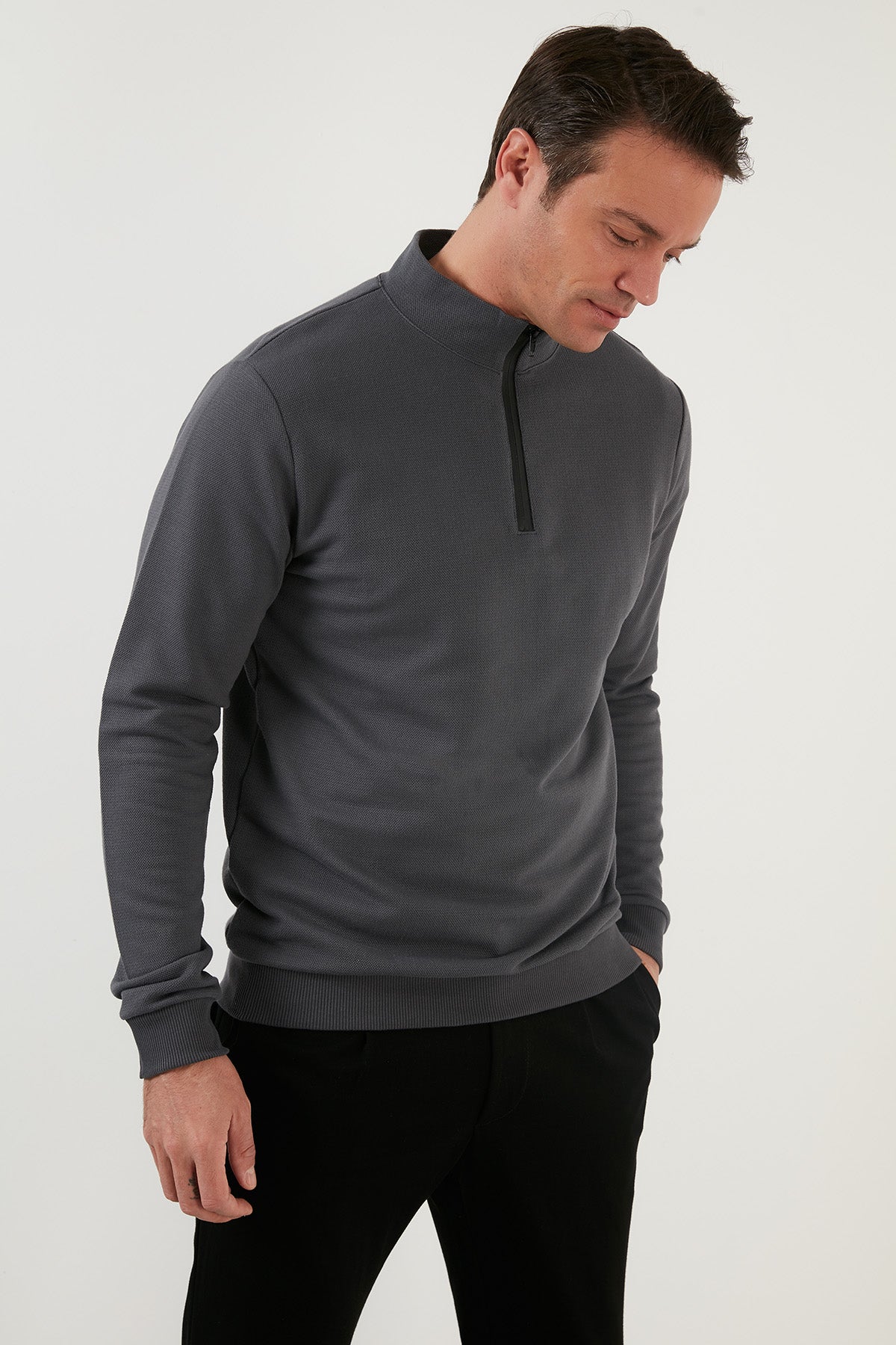 Buratti Pamuklu Slim Fit Yarım Fermuarlı Dik Yaka Erkek Sweat 5905400 ANTRASİT