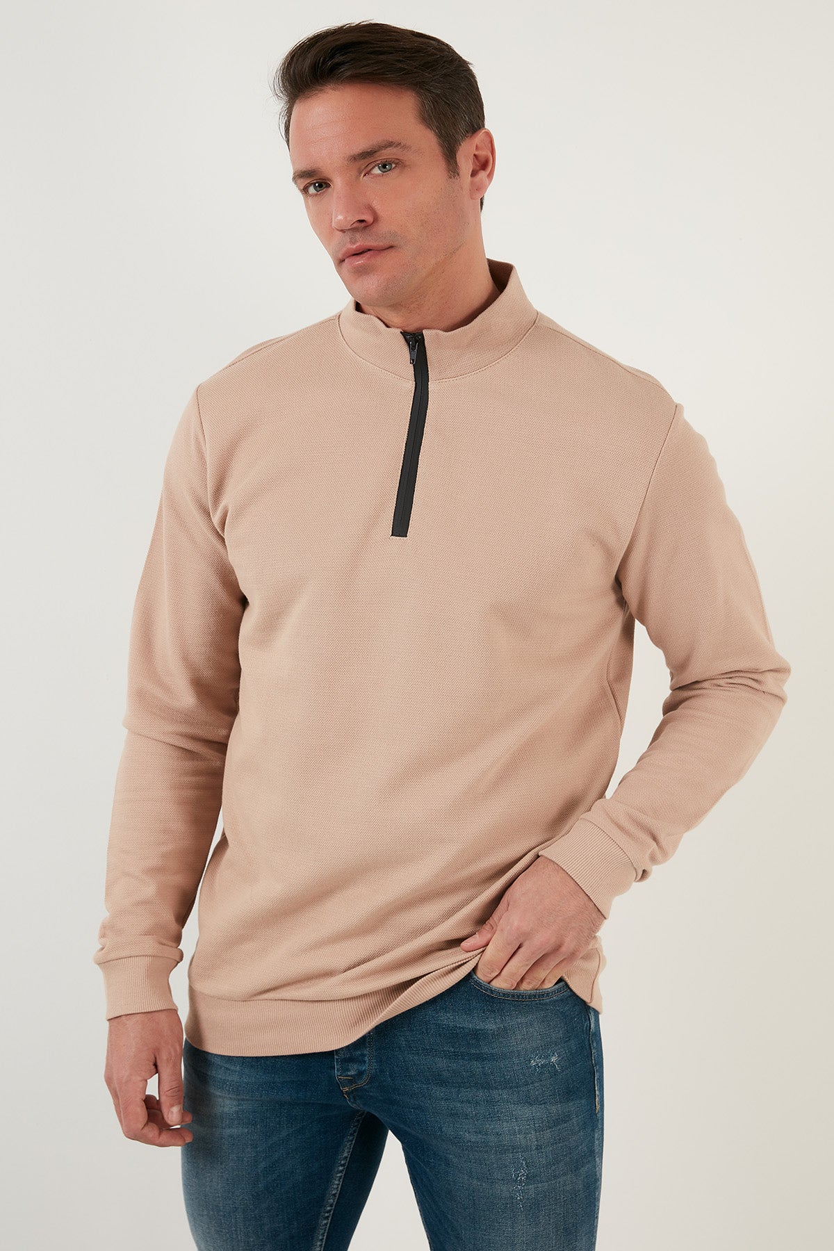 Buratti Pamuklu Slim Fit Yarım Fermuarlı Dik Yaka Erkek Sweat 5905400 BEJ