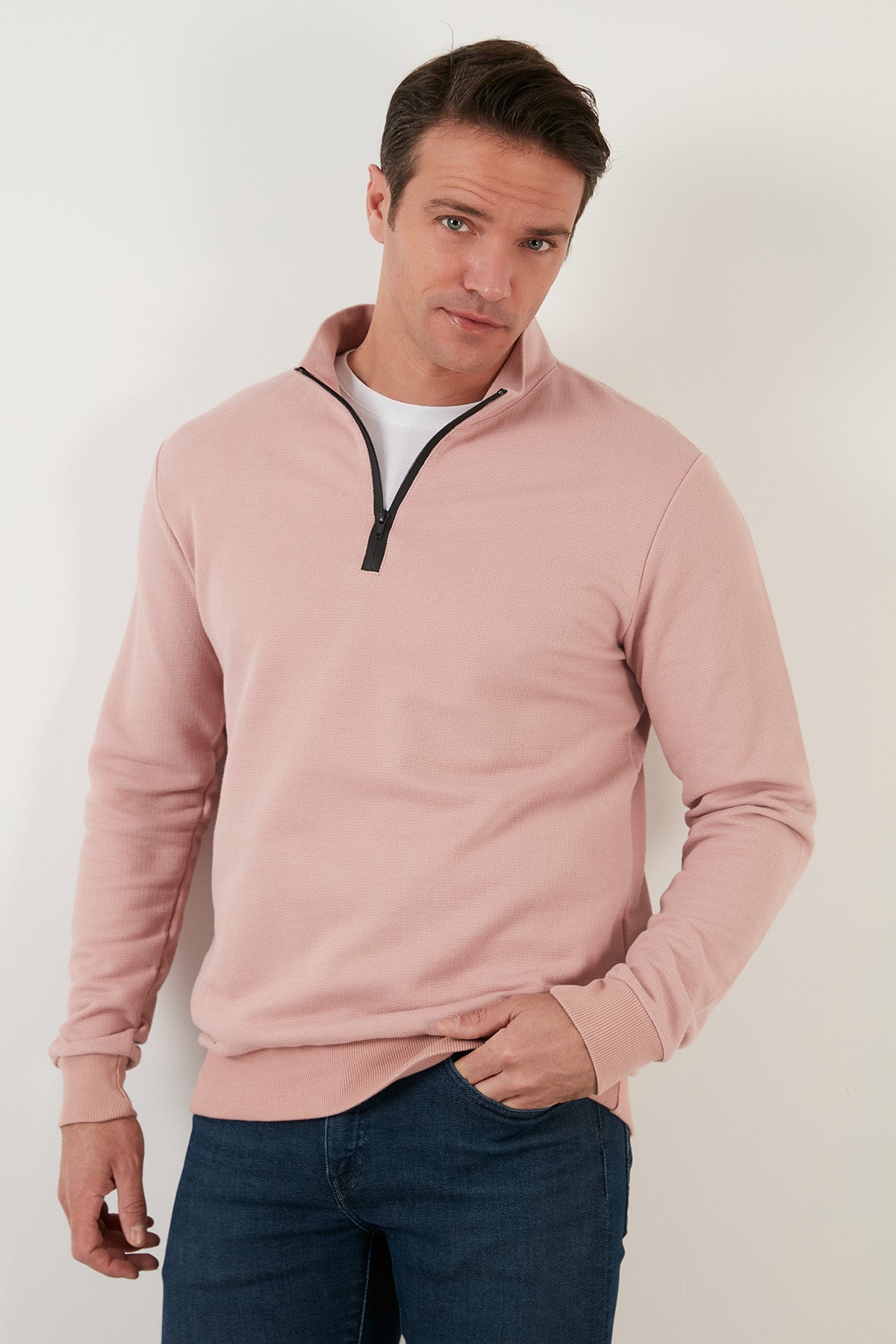 Buratti Pamuklu Slim Fit Yarım Fermuarlı Dik Yaka Erkek Sweat 5905400 PUDRA