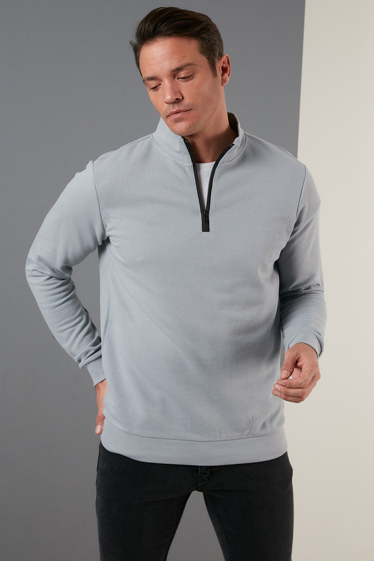 Buratti Pamuklu Slim Fit Yarım Fermuarlı Dik Yaka Erkek Sweat 5905400 AÇIK GRİ