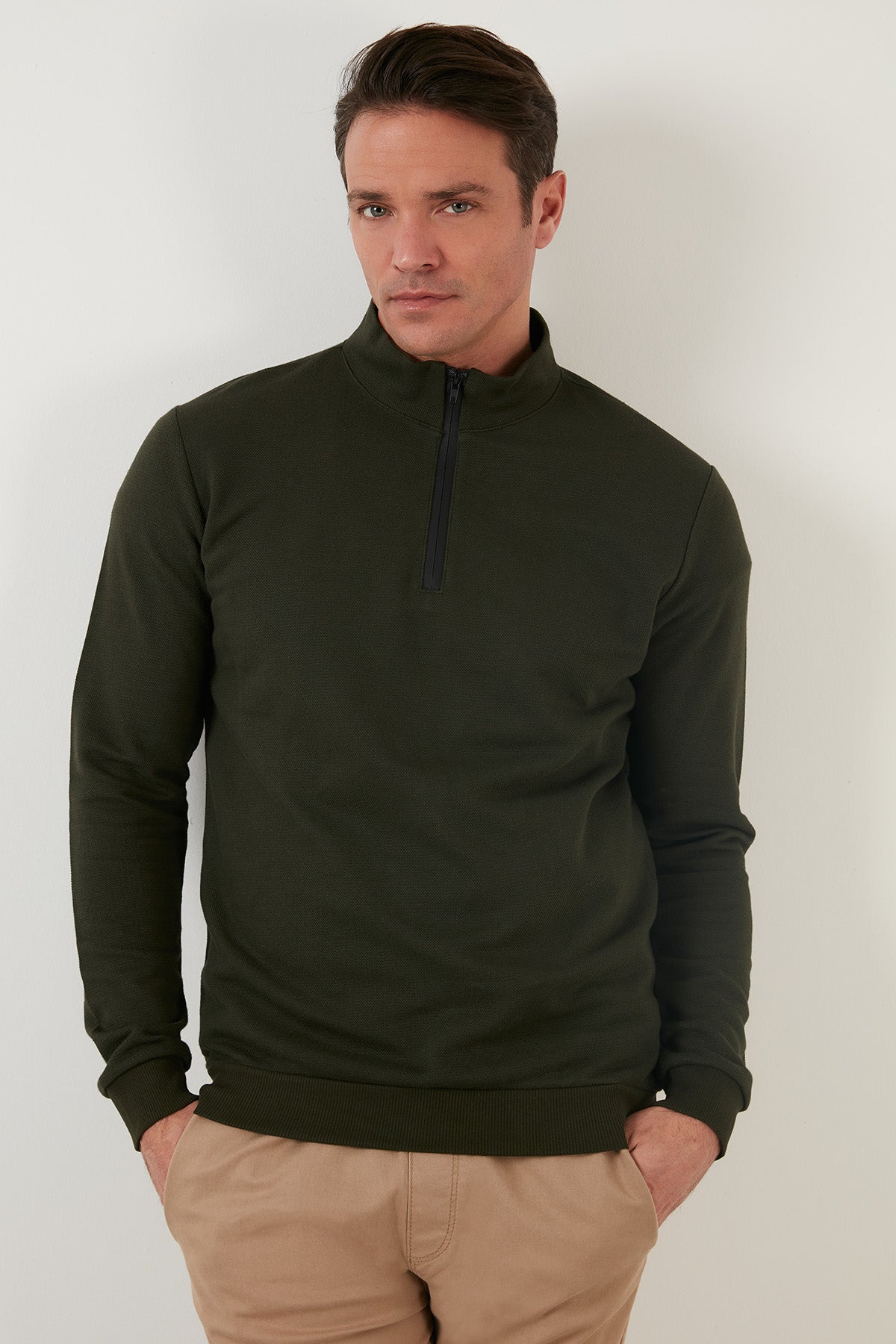 Buratti Pamuklu Slim Fit Yarım Fermuarlı Dik Yaka Erkek Sweat 5905400 HAKİ